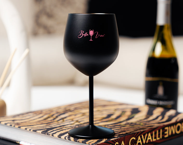 SET OF 2 MATTE BLACK  w/ Pink Imprint- Signature Bella Vina Stainless Steel Wine Glasses